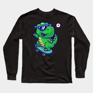 Cute Dino Playing Skateboard Cartoon Long Sleeve T-Shirt